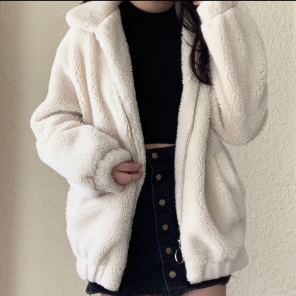 Bershka Fleece Faux Fur Teddy Zip Up Jacket